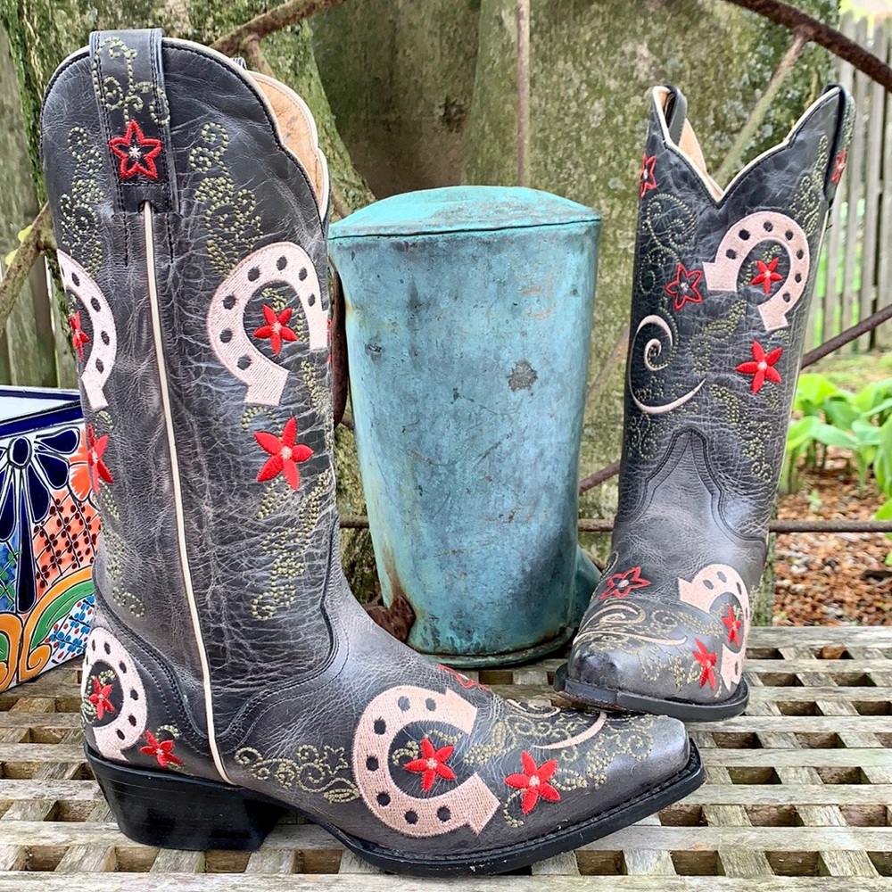 JB Dillon J.B. Dillon Near-NEW Lucky Horseshoe Cowgirl Cowboy Western Boots 7.5 - Picture 4 of 9